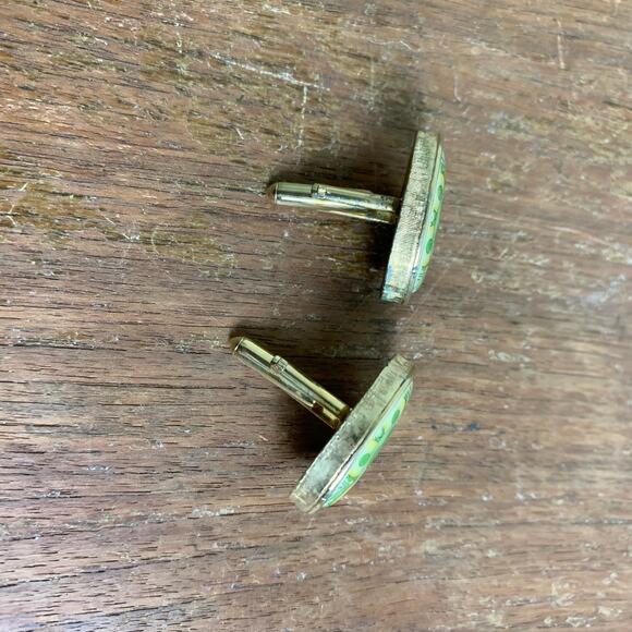 Vintage Retro green yellow floral pattern Gold‎ tone Enamel Cufflinks Cuff Links - Picture 3 of 5